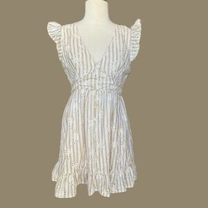 Lulus Sunny Crush Beige and Ivory Striped Embroidered Mini Dress Size Medium
